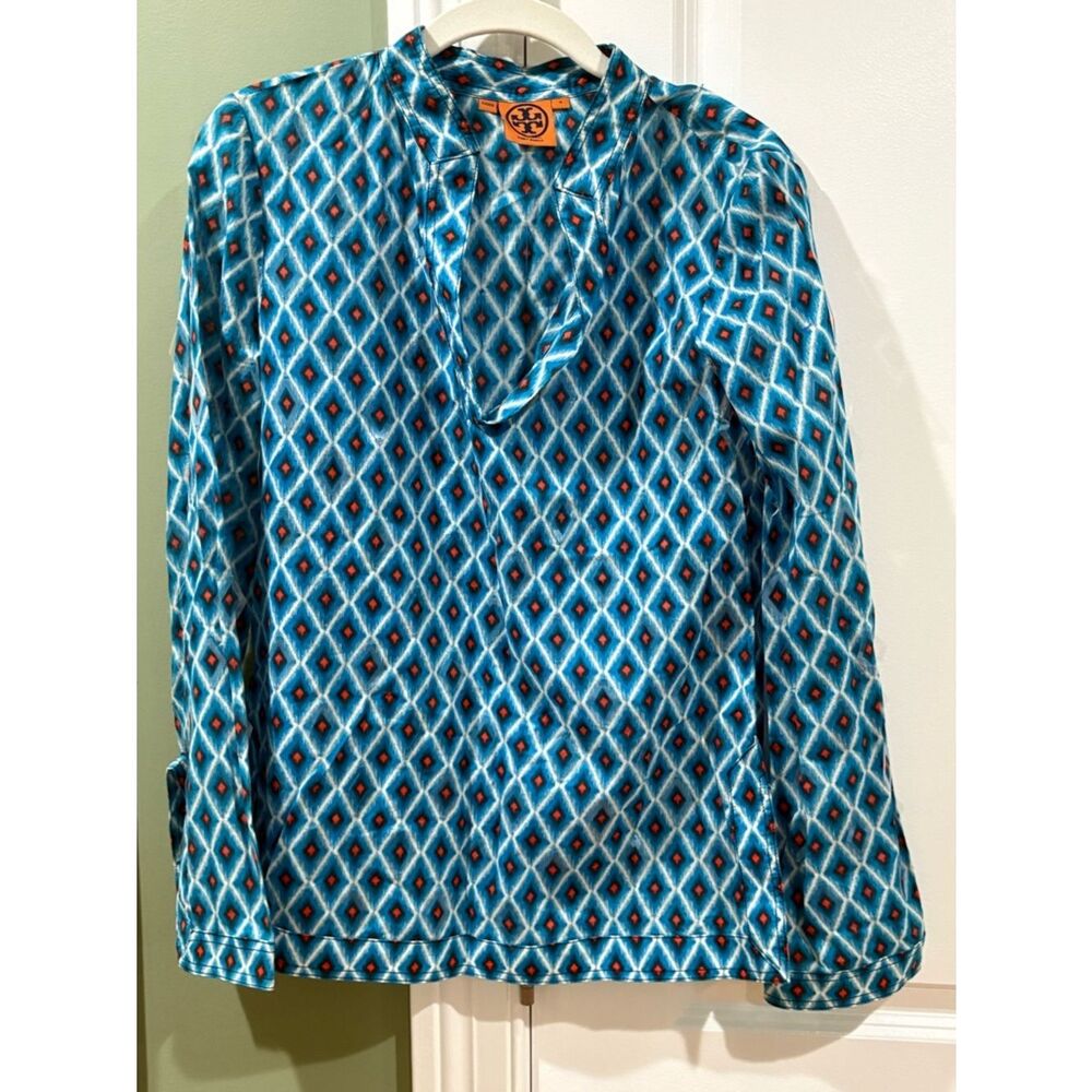 Tory Burch Teal Diamond-Print Long-Sleeve Shirt